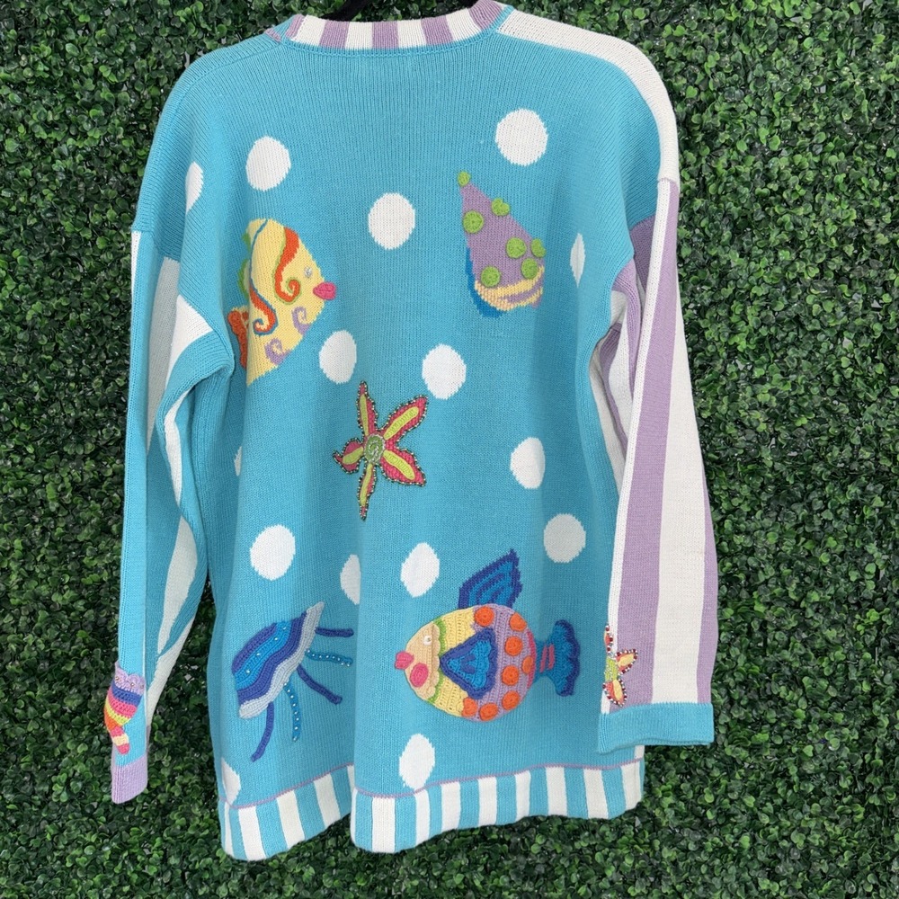 Vintage Berek 2 Cardigan Sweater Womens Large Fish Patchwork Colorful Boho - Picture 6 of 6